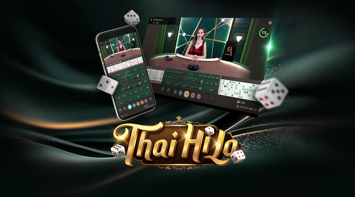 Image for an online Thai HiLo game featuring a dealer at a gaming table on the right and a mobile interface on the left. The text 'Thai HiLo' is prominently displayed at the bottom, accompanied by 3 dice.