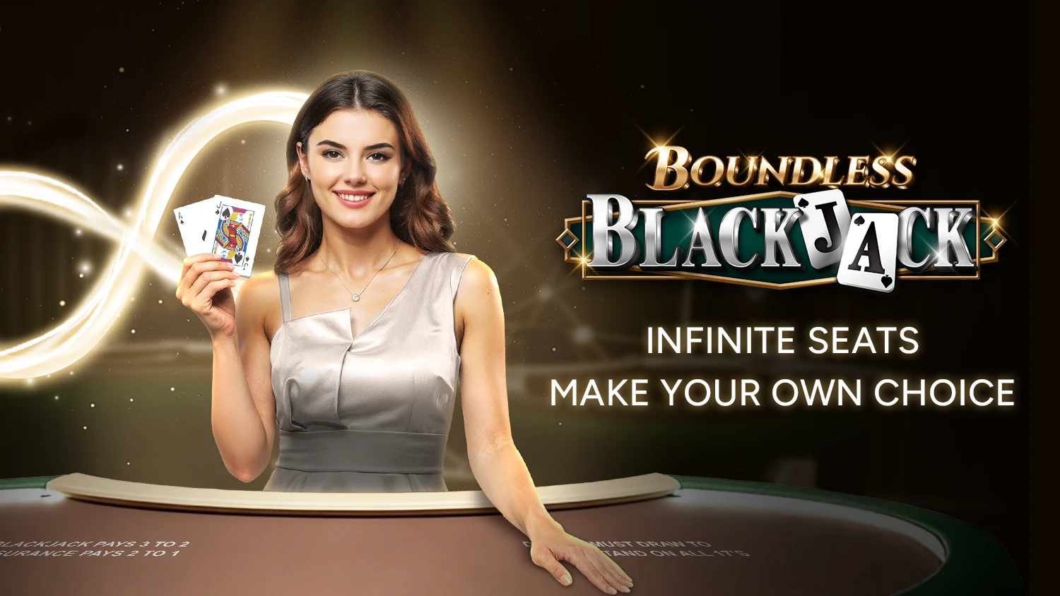 SA Gaming Boundless Blackjack banner shows a smiling dealer with cards beside a blackjack table amid a radiant infinity glow.