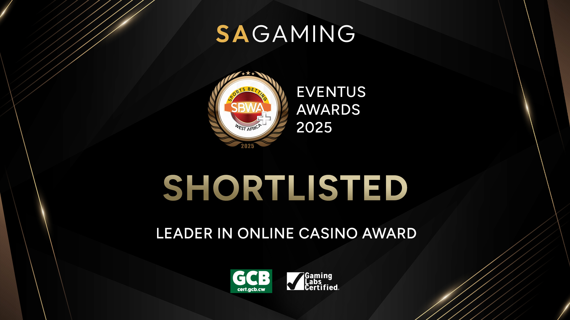 Text showing SA Gaming shortlisted for “Leader in Online Casino Award” at SBWA+ Eventus Awards 2025