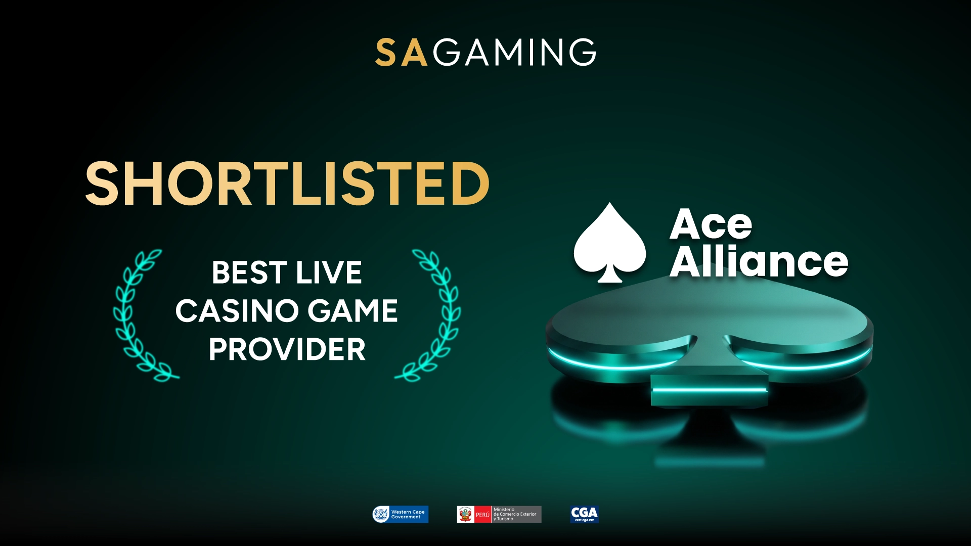 SA Gaming ACE Alliance iGaming Awards 2026 graphic for Best Live Casino Game Provider shortlisting with a teal spade podium.